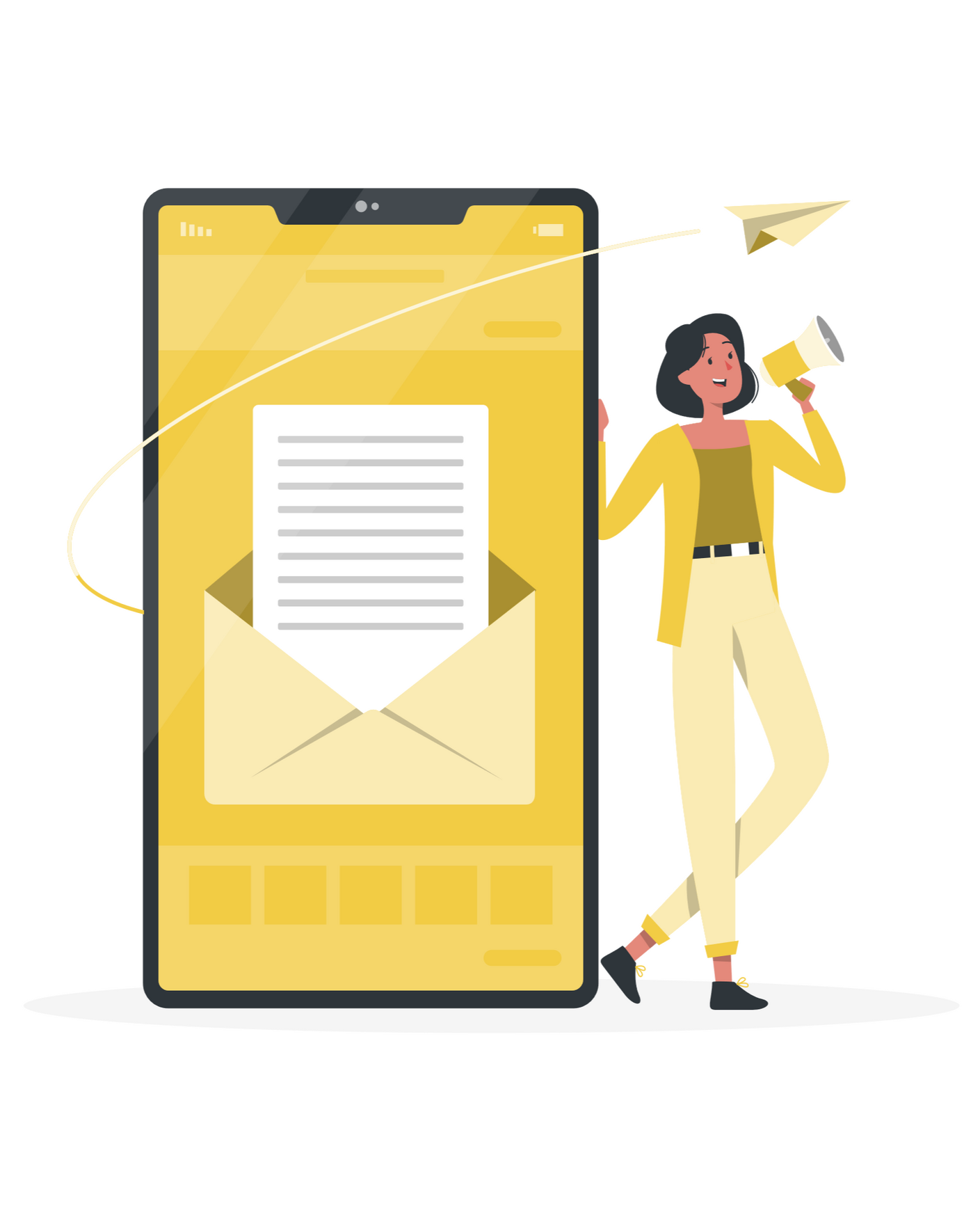 Woman with a megaphone standing beside a large phone that is sending an email - by StorySet