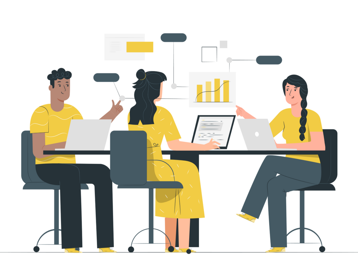 Three people at a meeting table talking and with charts floating above them - by StorySet