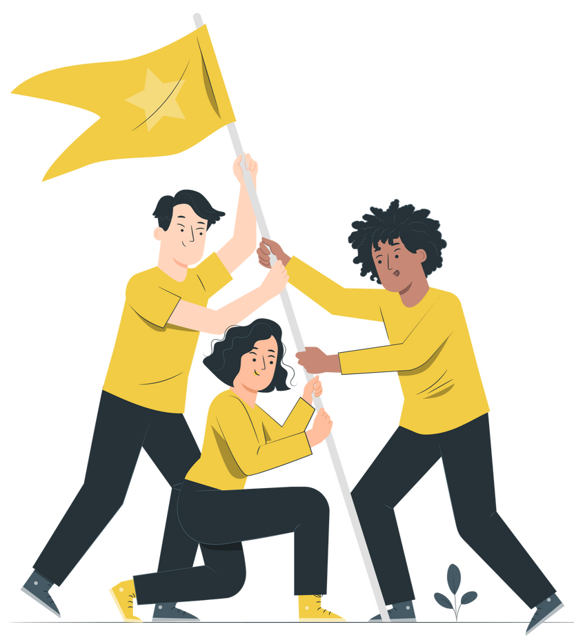 Three people hoisting a yellow flag up - by StorySet