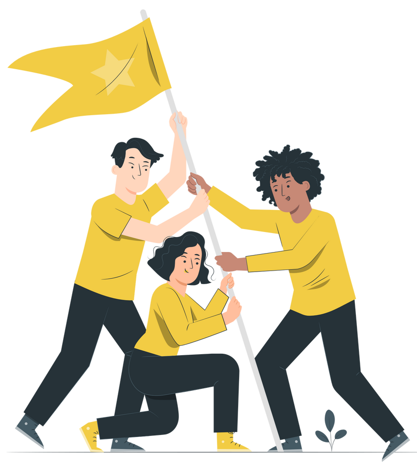 Three people hoisting a yellow flag up - by StorySet